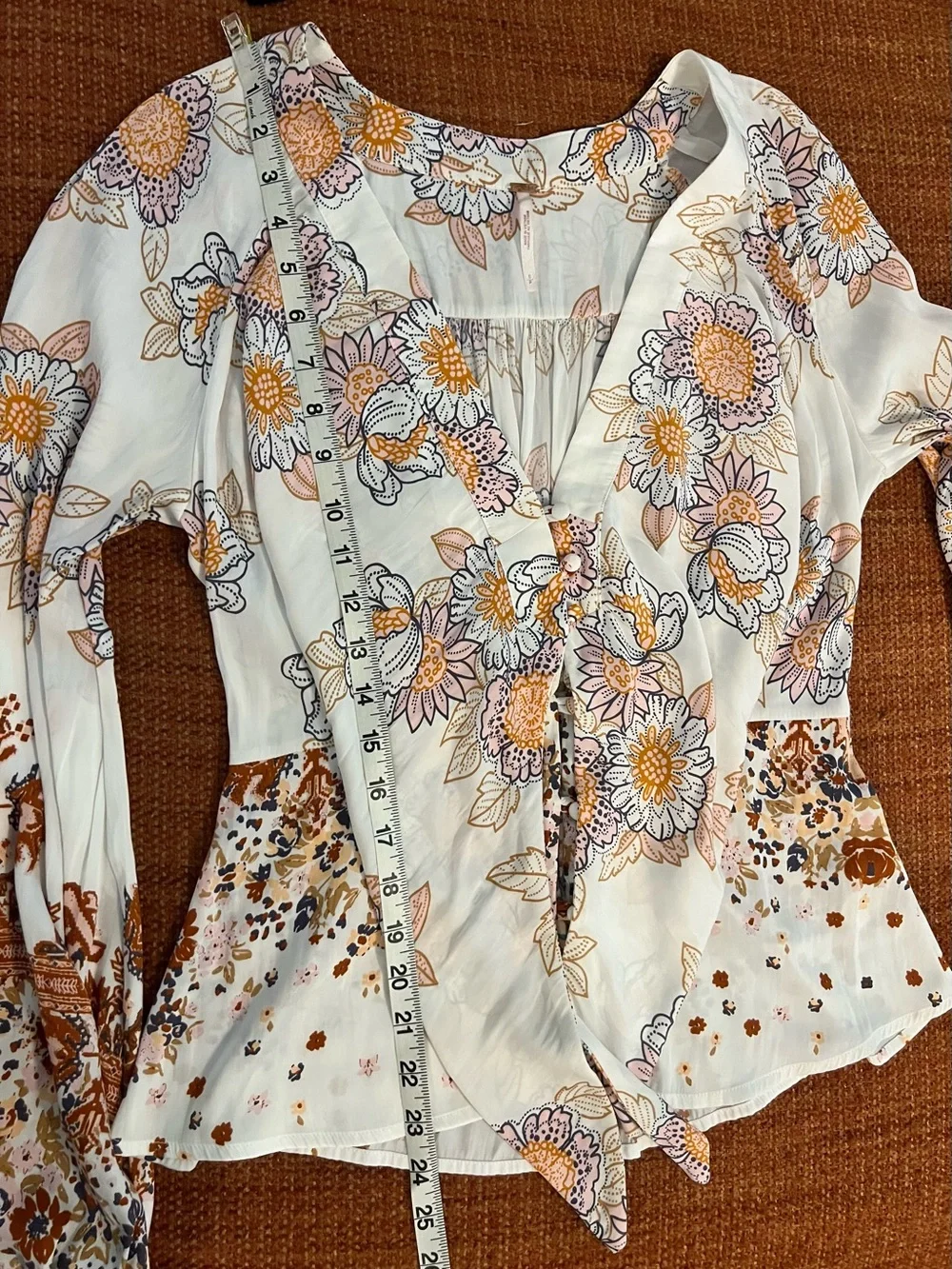 Free People Boho “Run Free” Floral Blouse - White with Orange & Lavender Size S